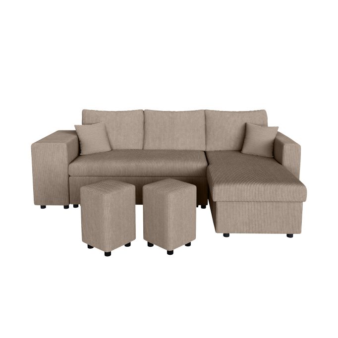 MARIA PLUS - Canapé d'angle réversible convertible avec coffre et 2 poufs en velours côtelé