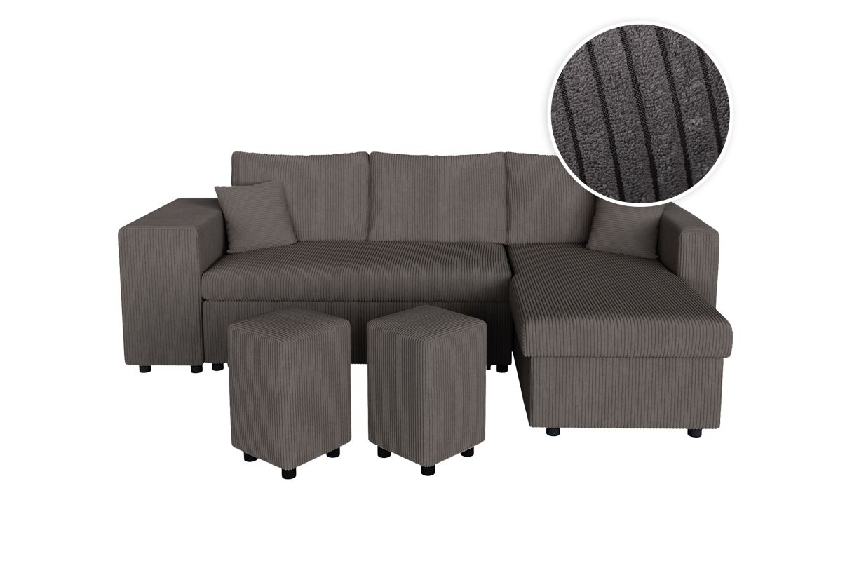 MARIA PLUS - Canapé d'angle réversible convertible avec coffre et 2 poufs en velours côtelé