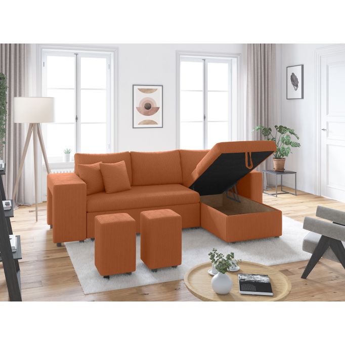 MARIA PLUS - Canapé d'angle réversible convertible avec coffre et 2 poufs en velours côtelé