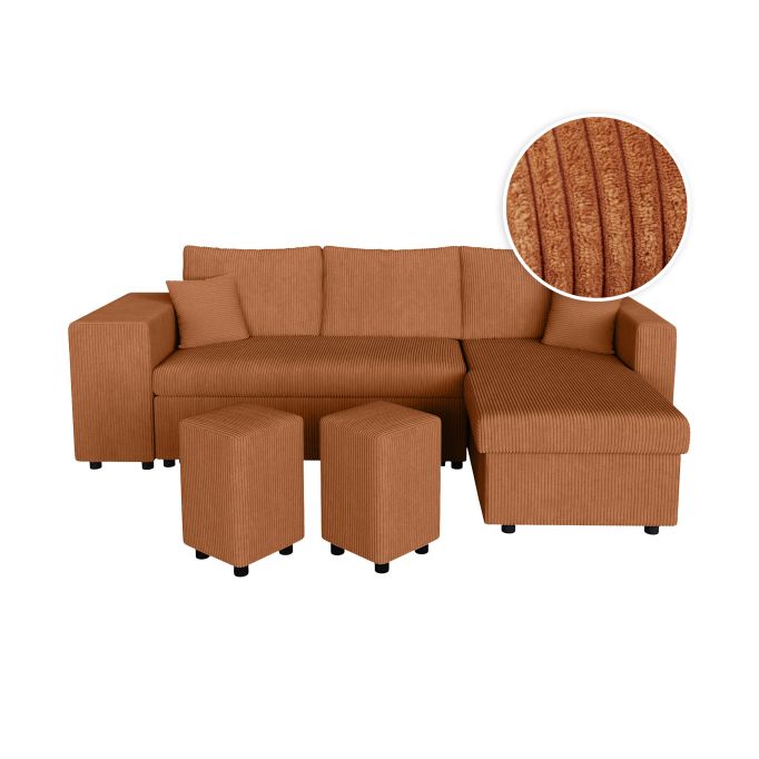 MARIA PLUS - Canapé d'angle réversible convertible avec coffre et 2 poufs en velours côtelé