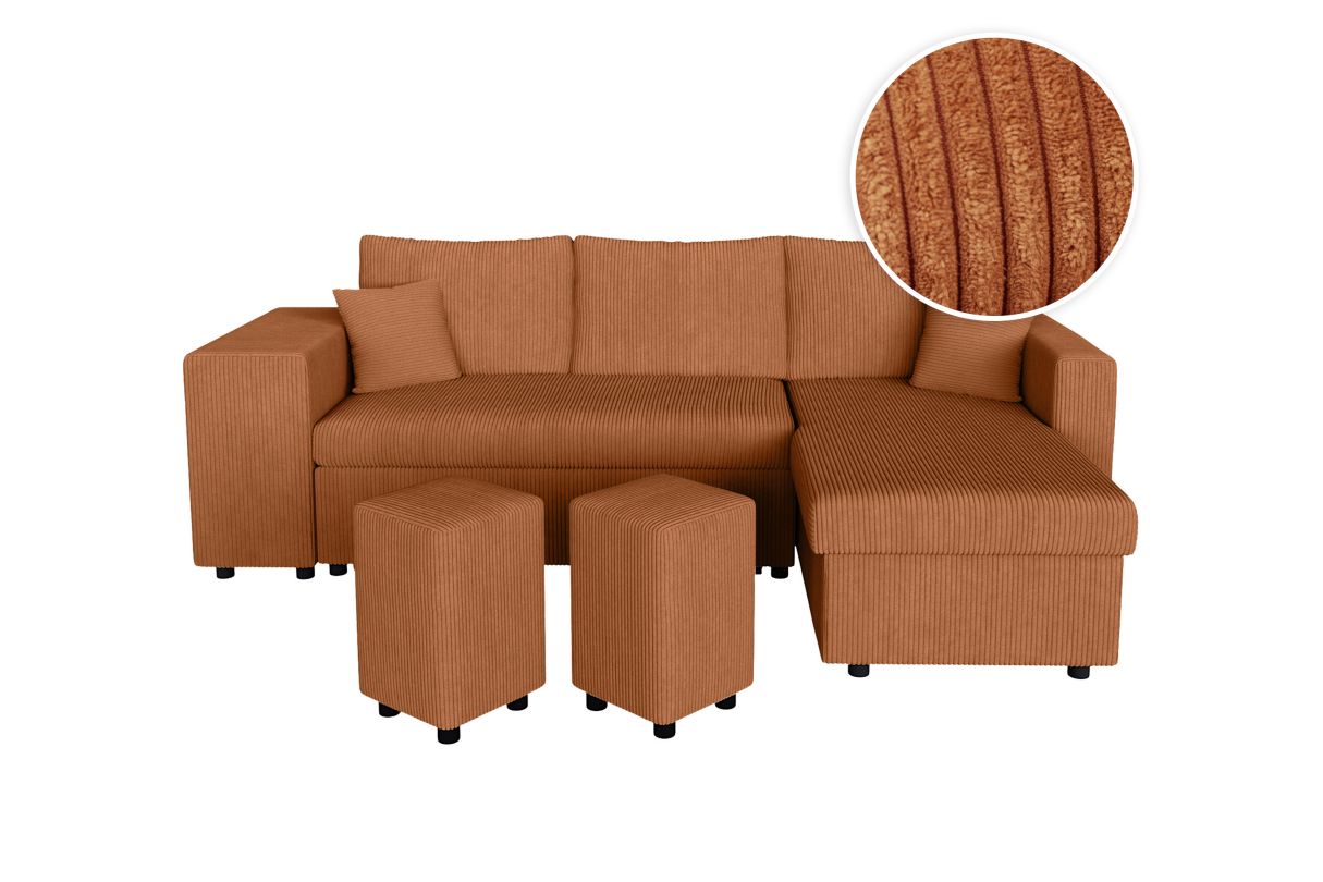 MARIA PLUS - Canapé d'angle réversible convertible avec coffre et 2 poufs en velours côtelé