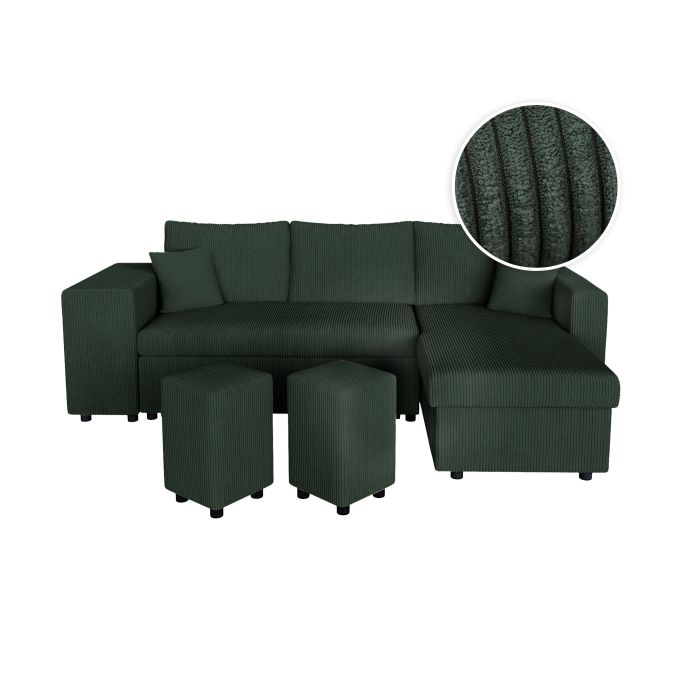 MARIA PLUS - Canapé d'angle réversible convertible avec coffre et 2 poufs en velours côtelé