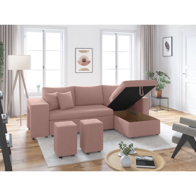 MARIA PLUS - Canapé d'angle réversible convertible avec coffre et 2 poufs en velours côtelé