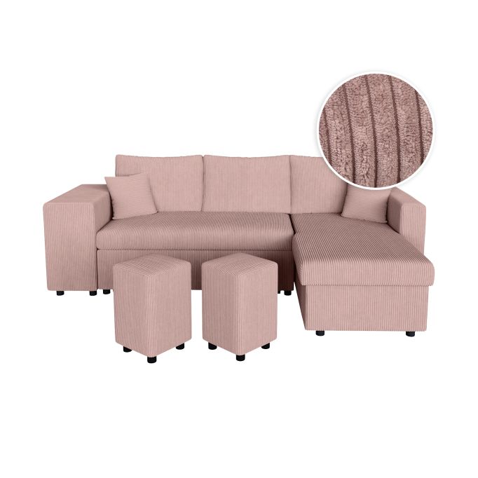 MARIA PLUS - Canapé d'angle réversible convertible avec coffre et 2 poufs en velours côtelé