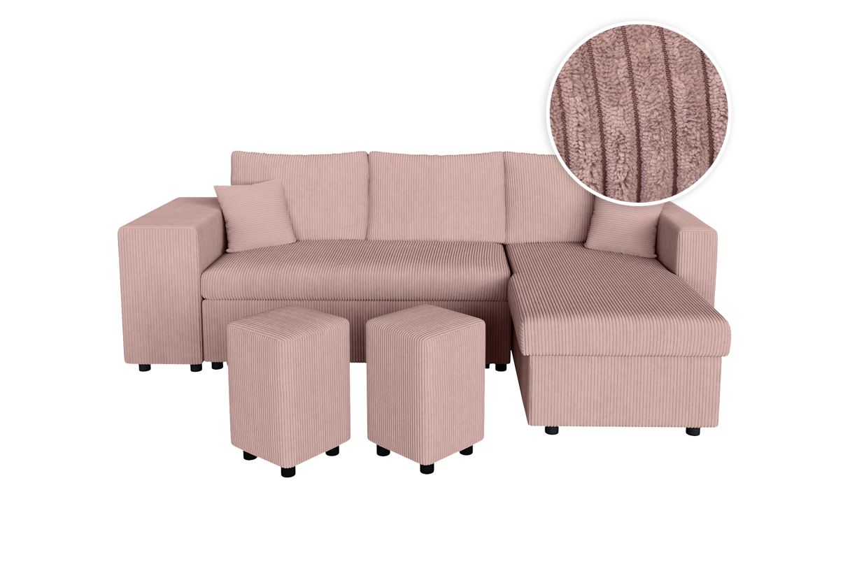 MARIA PLUS - Canapé d'angle réversible convertible avec coffre et 2 poufs en velours côtelé