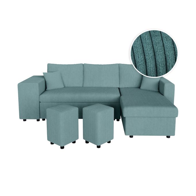 MARIA PLUS - Canapé d'angle réversible convertible avec coffre et 2 poufs en velours côtelé