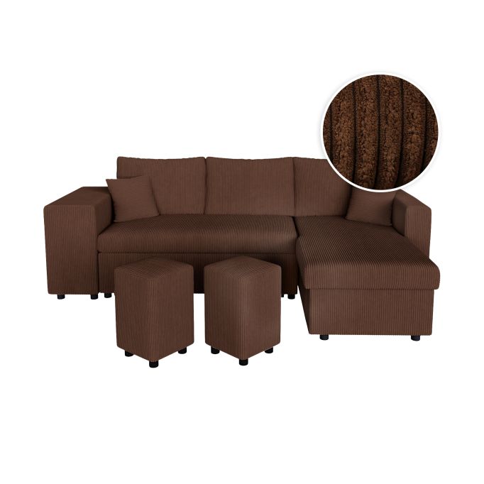 MARIA PLUS - Canapé d'angle réversible convertible avec coffre et 2 poufs en velours côtelé