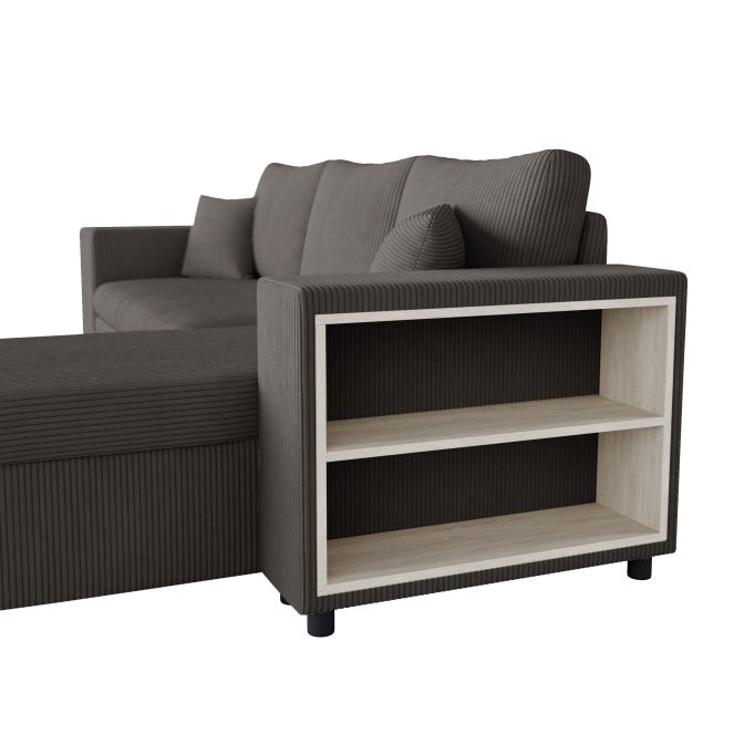 MARIA PAC - Canapé d'angle convertible avec coffre, 2 poufs et étagère en velours côtelé