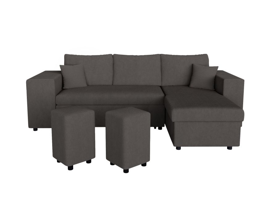 MARIA PAC - Canapé d'angle convertible avec coffre, 2 poufs et étagère en velours côtelé