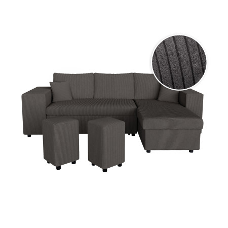 MARIA PAC - Canapé d'angle convertible avec coffre, 2 poufs et étagère en velours côtelé