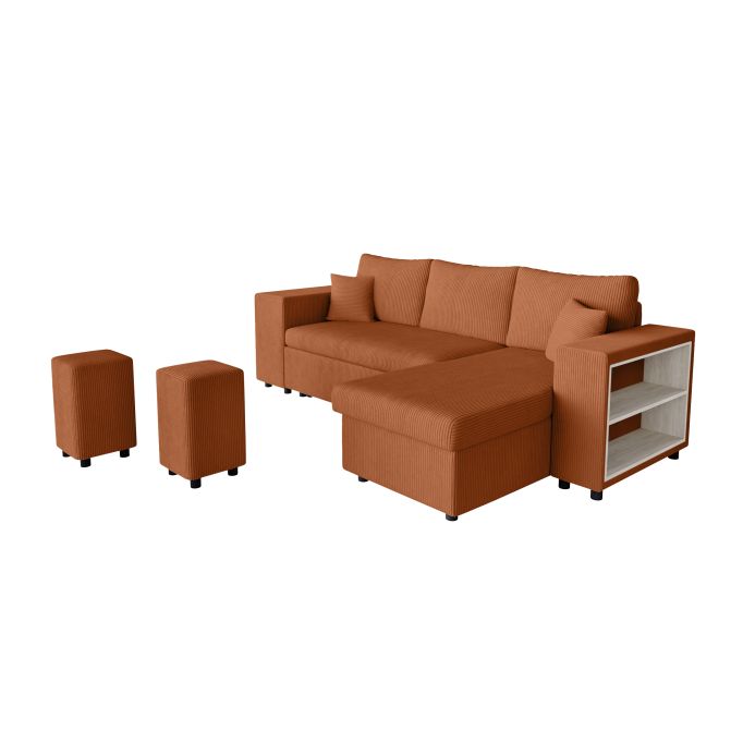 MARIA PAC - Canapé d'angle convertible avec coffre, 2 poufs et étagère en velours côtelé