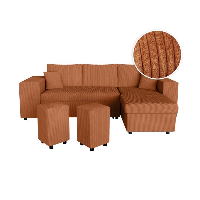 MARIA PAC - Canapé d'angle convertible avec coffre, 2 poufs et étagère en velours côtelé