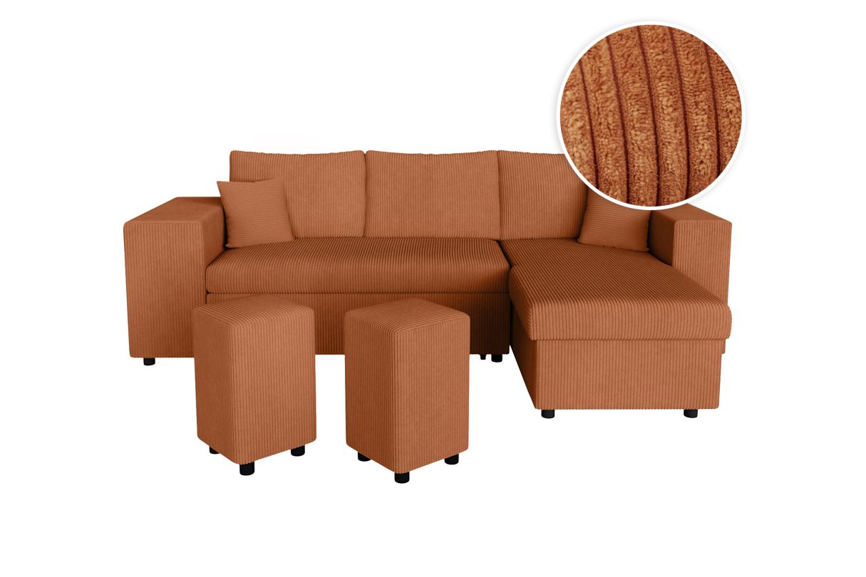 MARIA PAC - Canapé d'angle convertible avec coffre, 2 poufs et étagère en velours côtelé