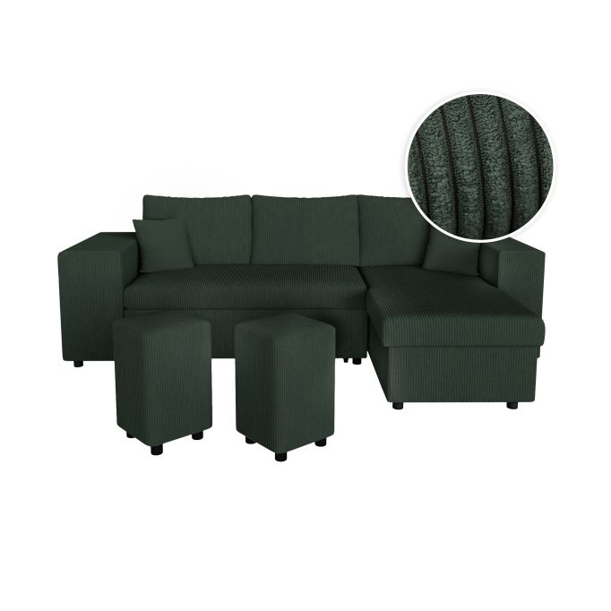 MARIA PAC - Canapé d'angle convertible avec coffre, 2 poufs et étagère en velours côtelé