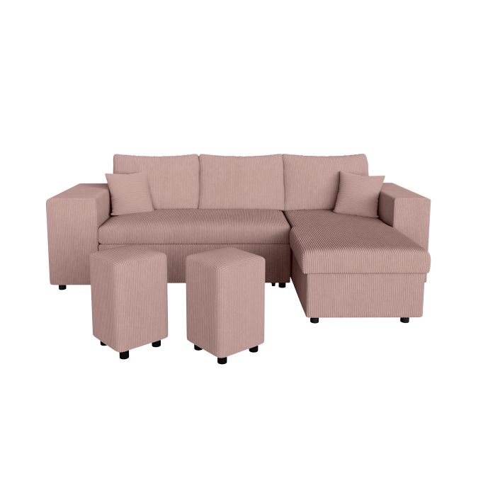 MARIA PAC - Canapé d'angle convertible avec coffre, 2 poufs et étagère en velours côtelé