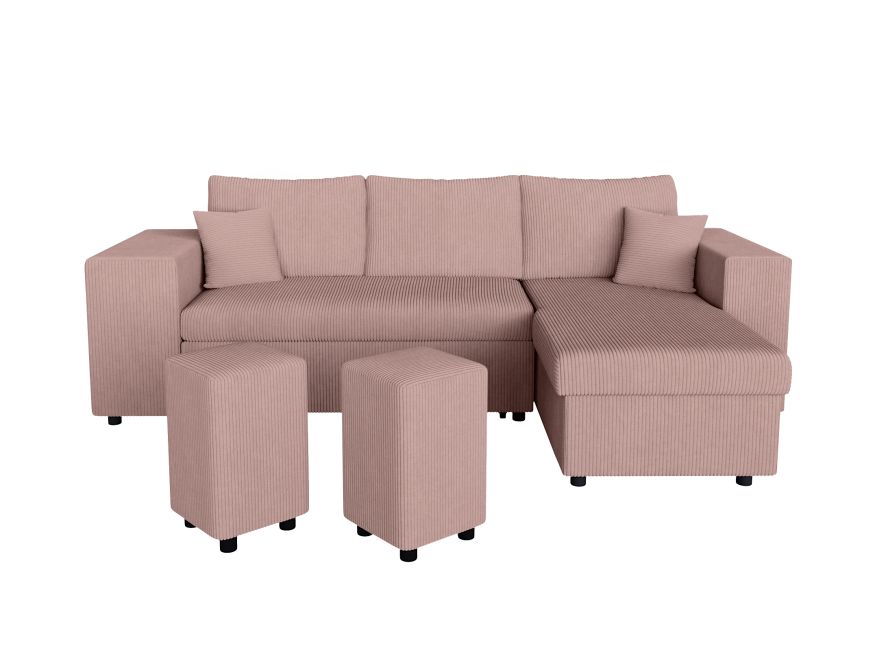 MARIA PAC - Canapé d'angle convertible avec coffre, 2 poufs et étagère en velours côtelé