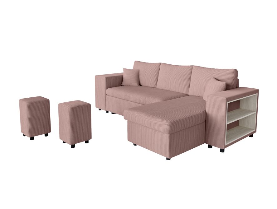 MARIA PAC - Canapé d'angle convertible avec coffre, 2 poufs et étagère en velours côtelé