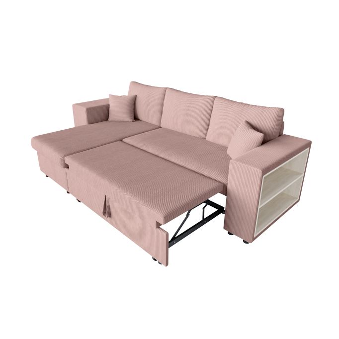 MARIA PAC - Canapé d'angle convertible avec coffre, 2 poufs et étagère en velours côtelé