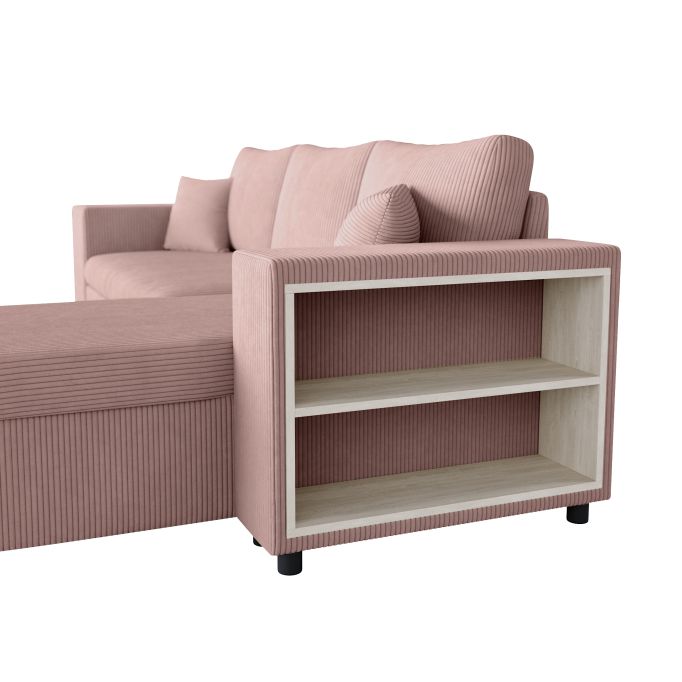 MARIA PAC - Canapé d'angle convertible avec coffre, 2 poufs et étagère en velours côtelé