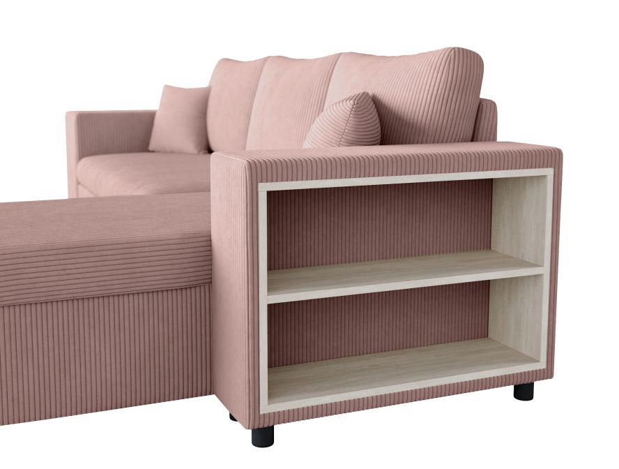 MARIA PAC - Canapé d'angle convertible avec coffre, 2 poufs et étagère en velours côtelé