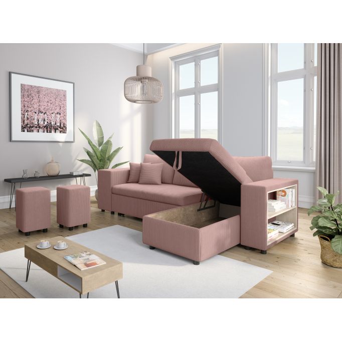 MARIA PAC - Canapé d'angle convertible avec coffre, 2 poufs et étagère en velours côtelé