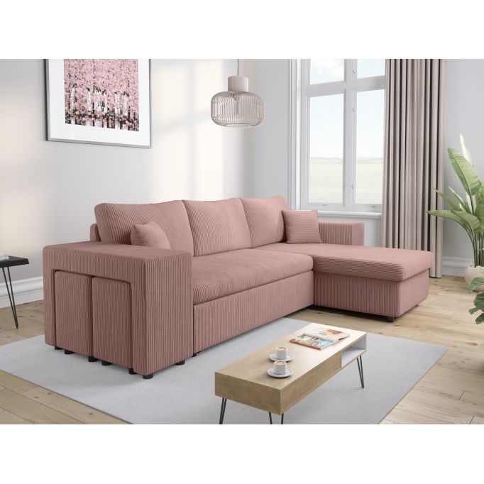 MARIA PAC - Canapé d'angle convertible avec coffre, 2 poufs et étagère en velours côtelé