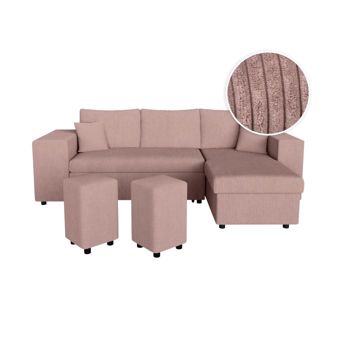 MARIA PAC - Canapé d'angle convertible avec coffre, 2 poufs et étagère en velours côtelé