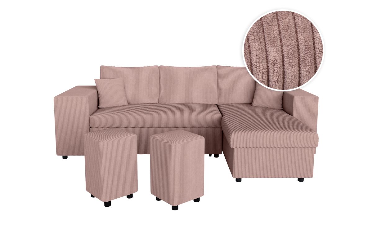 MARIA PAC - Canapé d'angle convertible avec coffre, 2 poufs et étagère en velours côtelé