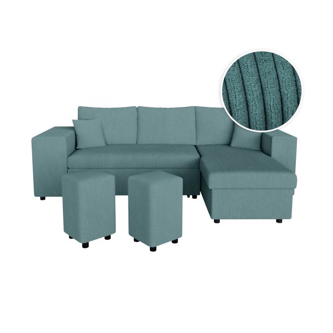 MARIA PAC - Canapé d'angle convertible avec coffre, 2 poufs et étagère en velours côtelé