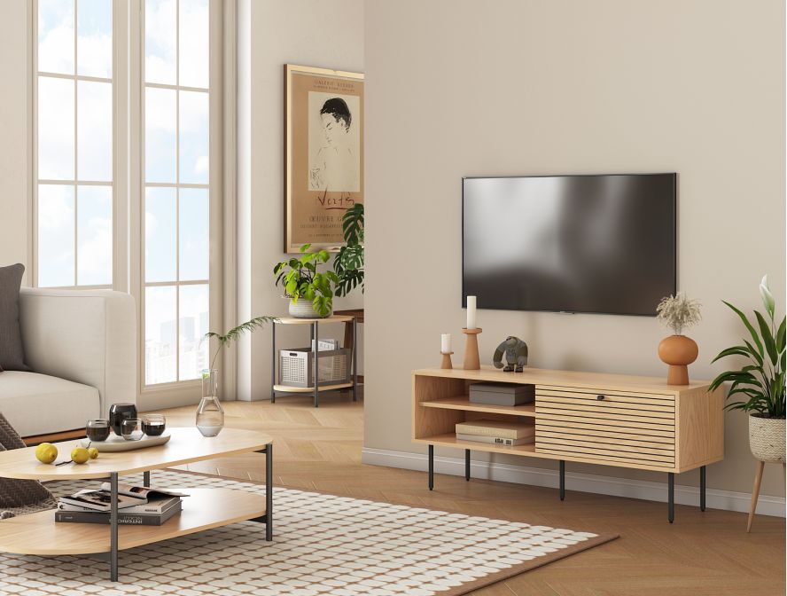 BRODIE - Meuble TV 120cm en bois et pieds noirs
