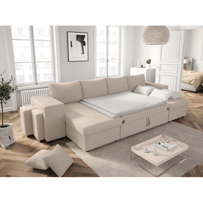 MARIA U PLUS - Canapé panoramique convertible avec 2 coffres et 2 poufs en velours côtelé