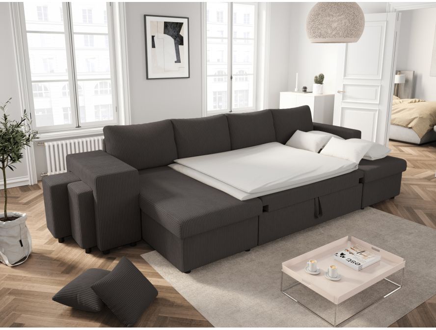 MARIA U PLUS - Canapé panoramique convertible avec 2 coffres et 2 poufs en velours côtelé