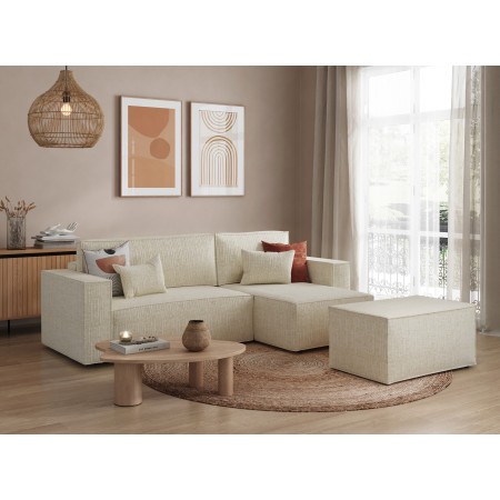 PACK - CHARLOTTE - Canapé d'angle convertible réversible avec pouf en tissu texturé 3D