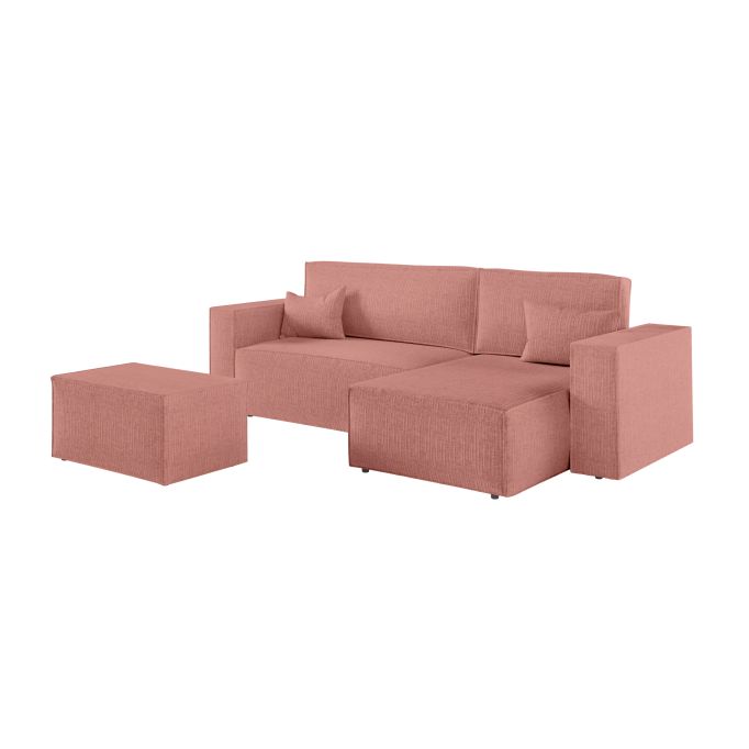 PACK - CHARLOTTE - Canapé d'angle convertible réversible avec pouf en tissu texturé 3D