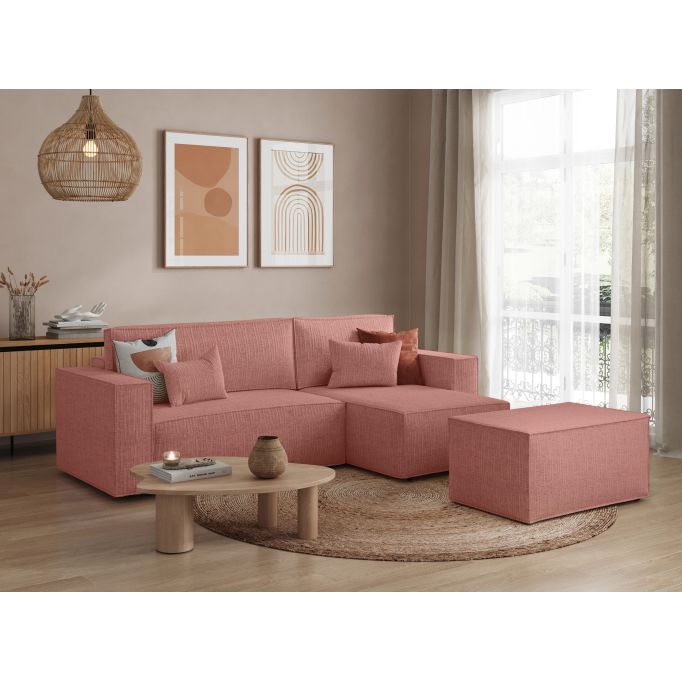 PACK - CHARLOTTE - Canapé d'angle convertible réversible avec pouf en tissu texturé 3D