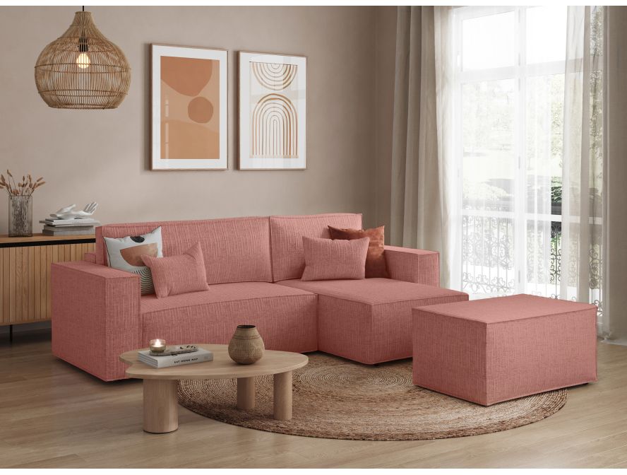 PACK - CHARLOTTE - Canapé d'angle convertible réversible avec pouf en tissu texturé 3D