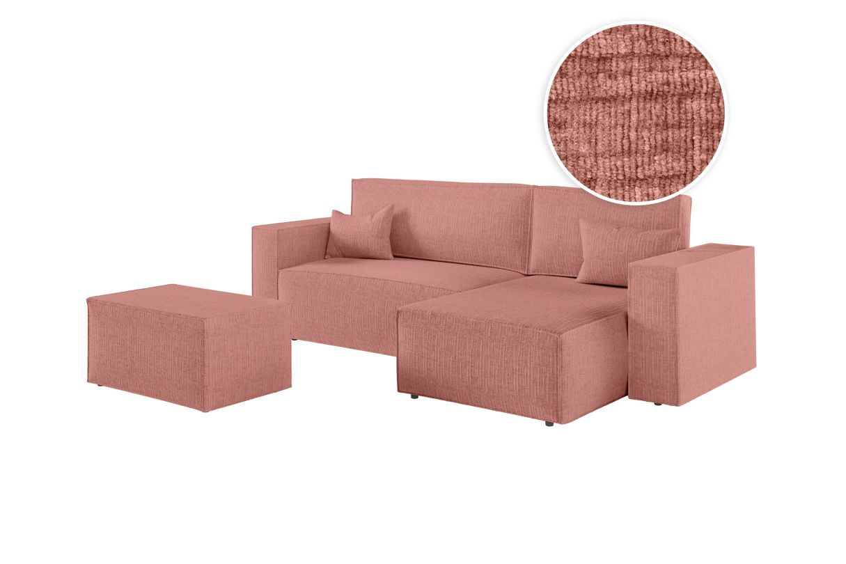 PACK - CHARLOTTE - Canapé d'angle convertible réversible avec pouf en tissu texturé 3D