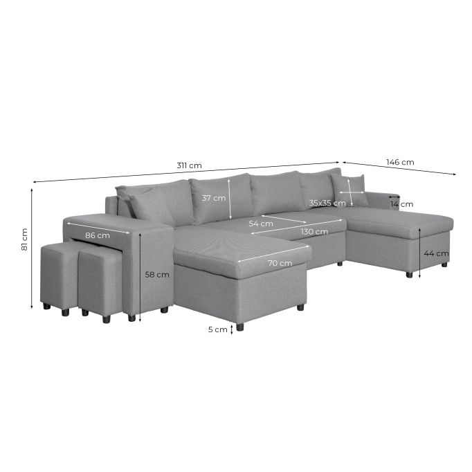 MARIA U PLUS - Canapé panoramique convertible avec 2 coffres et 2 poufs en tissu