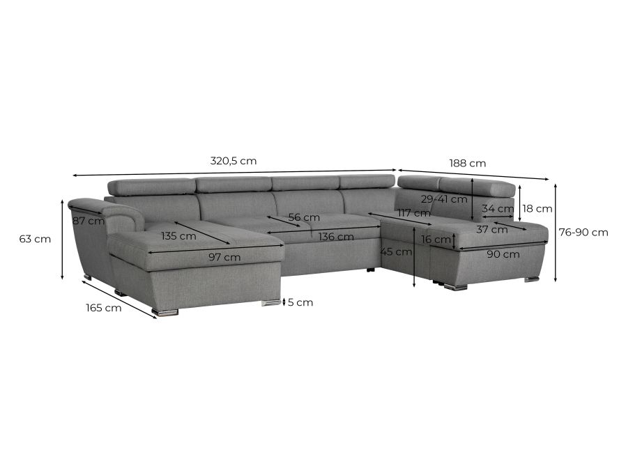 PARMA - Canapé panoramique convertible avec 2 coffres en tissu