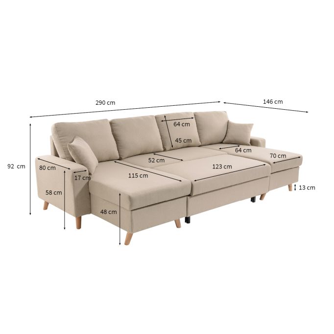 ARTIKU - Canapé panoramique 6 places convertible scandinave avec 2 coffres en tissu déperlant