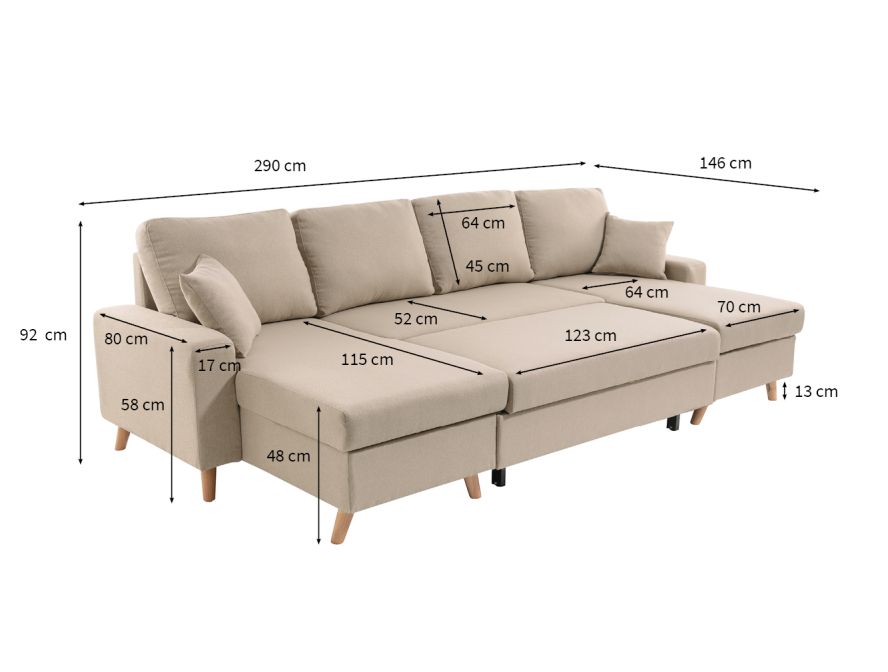 ARTIKU - Canapé panoramique 6 places convertible scandinave avec 2 coffres en tissu déperlant