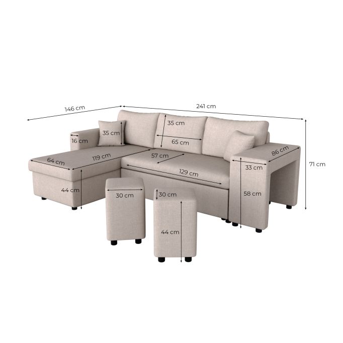 MARIA PLUS - Canapé d'angle réversible convertible avec coffre et 2 poufs en tissu