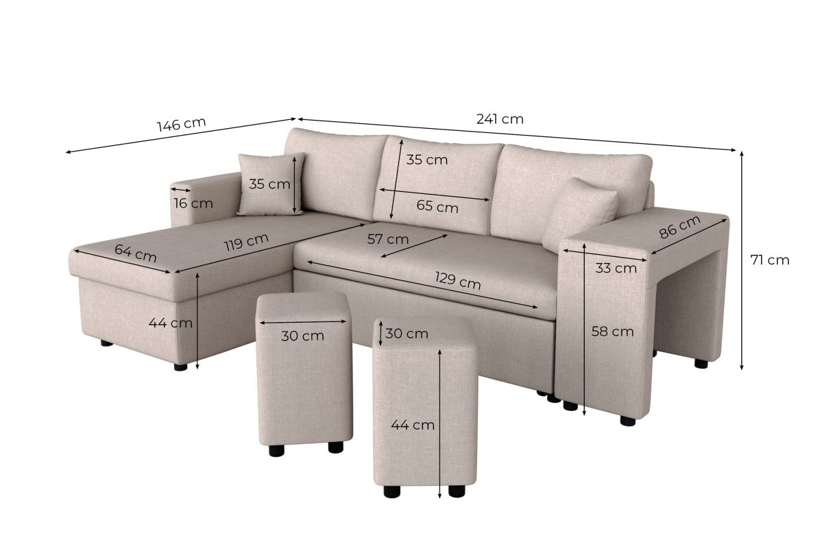 MARIA PLUS - Canapé d'angle réversible convertible avec coffre et 2 poufs en tissu