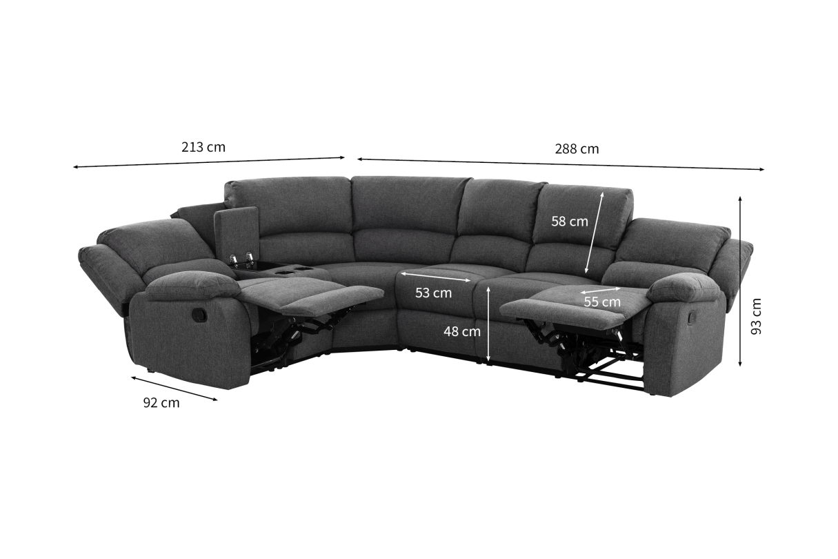 9121L - Canapé d'angle gauche de relaxation 5 places avec accoudoir porte-gobelet modulable et amovible en tissu