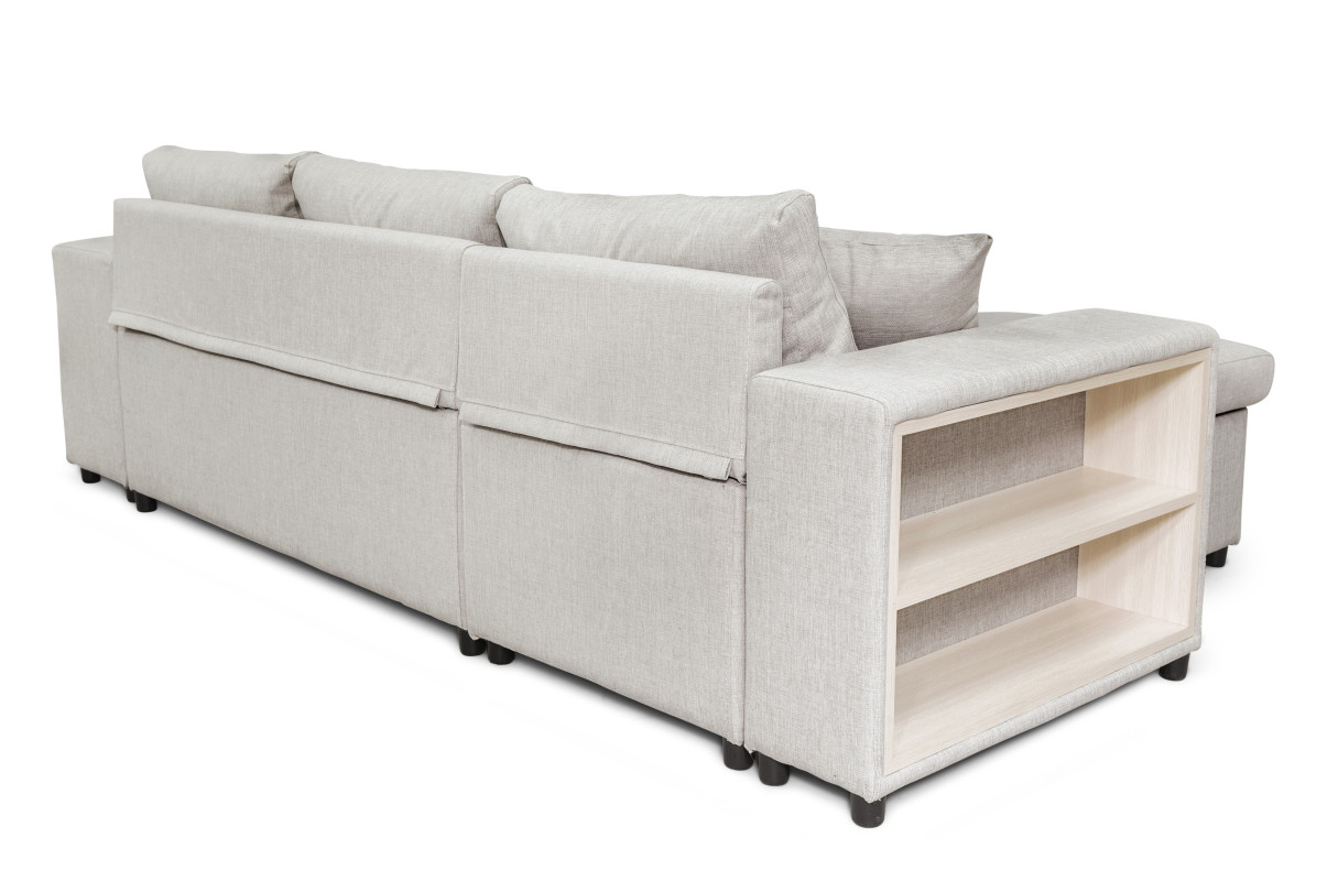 L200PAC - Canapé d'angle convertible coffre pouf et étagère en tissu