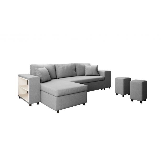 L200PAC - Canapé d'angle convertible coffre pouf et étagère en tissu