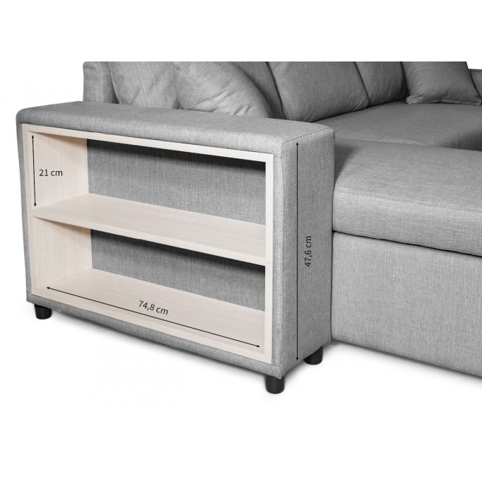 L200PAC - Canapé d'angle convertible coffre pouf et étagère en tissu