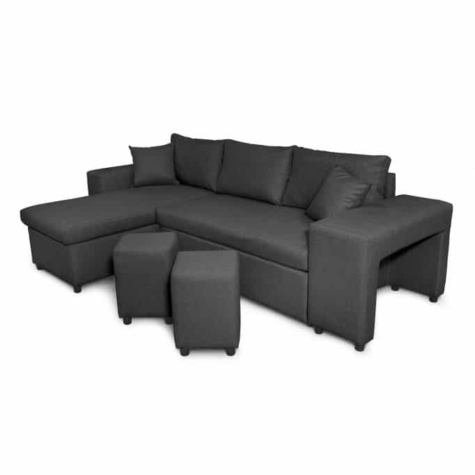 L200PAC - Canapé d'angle convertible coffre pouf et étagère en tissu