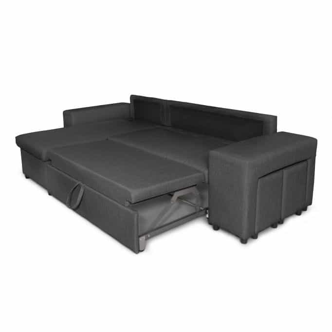 L200PAC - Canapé d'angle convertible coffre pouf et étagère en tissu