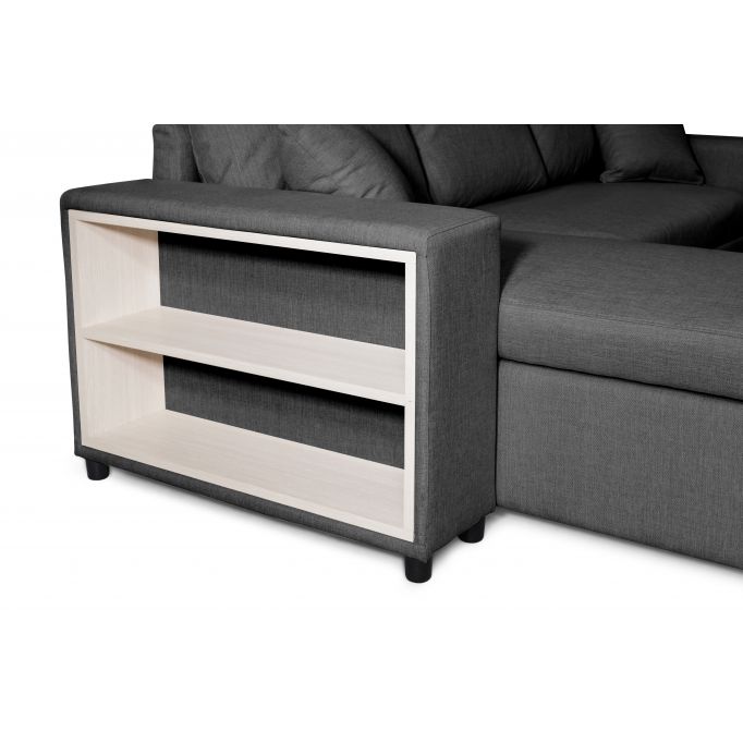 L200PAC - Canapé d'angle convertible coffre pouf et étagère en tissu